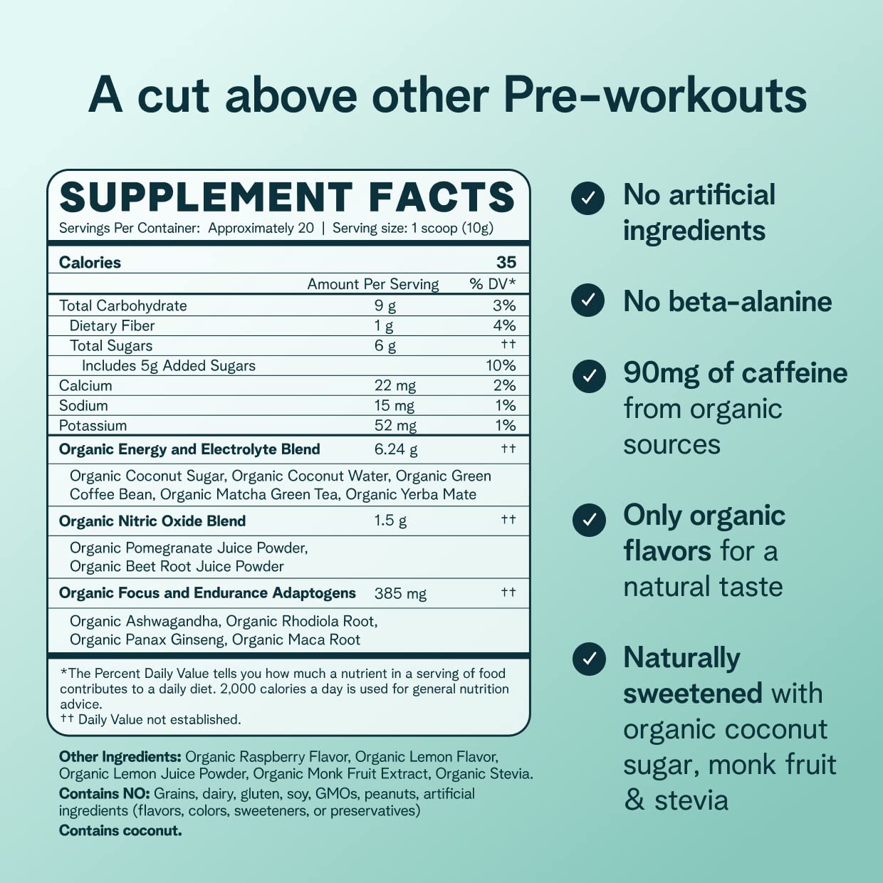 Ora Organic Natural Pre Workout Powder - Raspberry Lemonade Flavor- Provides Jitter Free Energy, Focus, Hydration, & Endurance - Vegan, Certified Organic, Soy, Dairy, & Gluten Free, 20 Servings - Maple Wellness Supplements