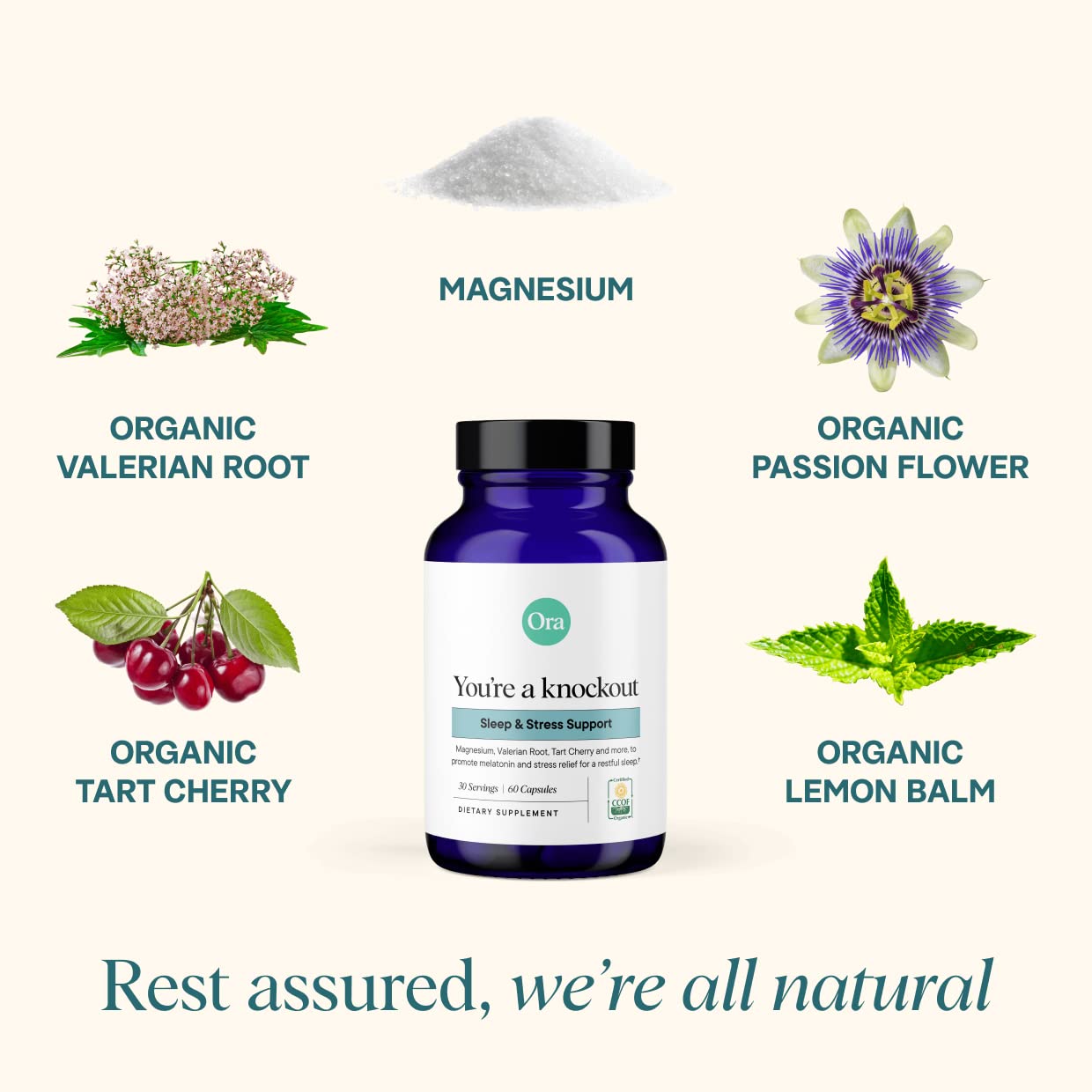 Ora Organic Natural Sleep Aid Supplement Stress Support Calming Herbal Blend with Melatonin from Tart Cherry - Includes Magnesium Citrate, Valerian Root, and Lemon Balm - 1 Month Supply, 60 Capsules - Maple Wellness Supplements