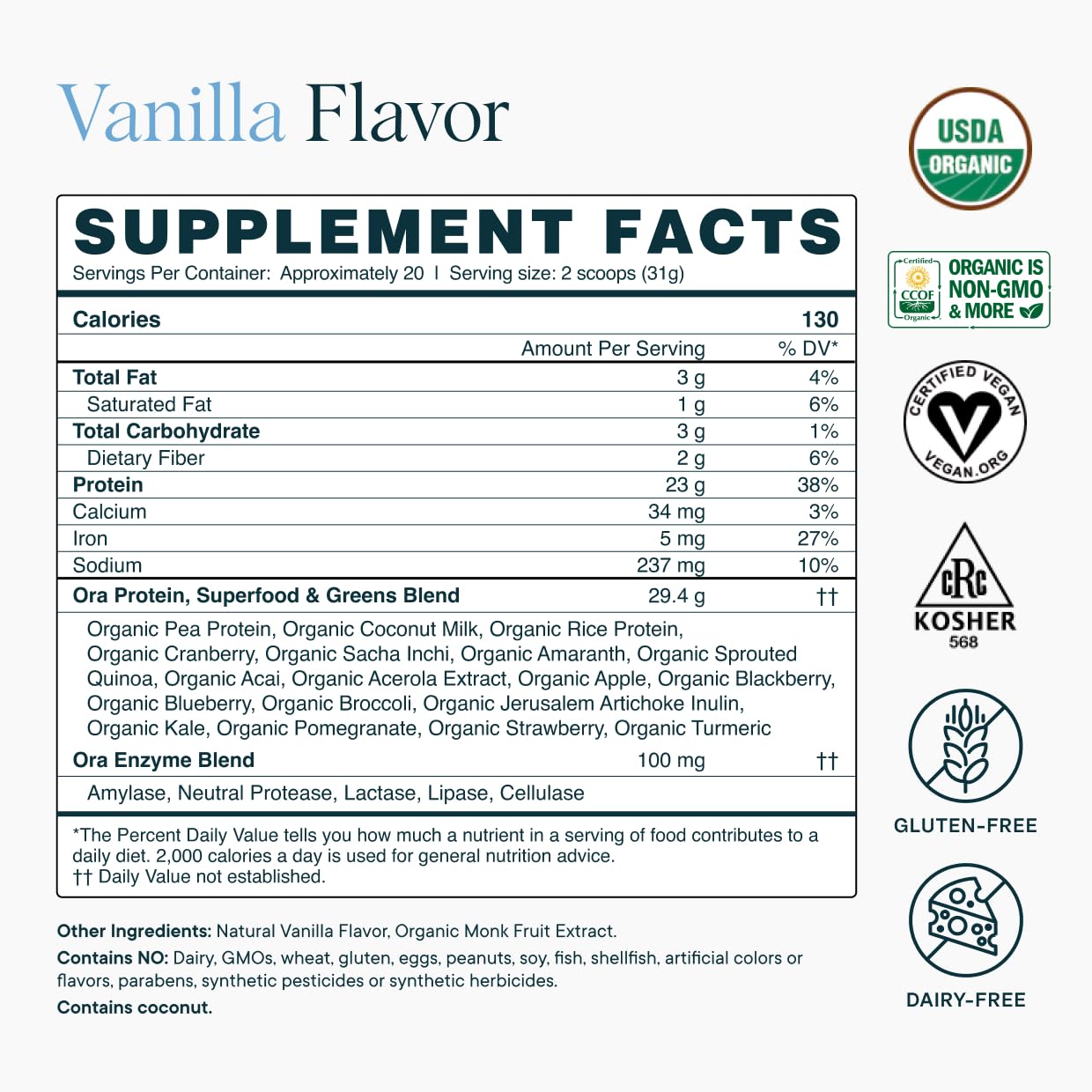 Ora Organic Plant-Based Protein Powder - 23g Protein for Women and Men - Vanilla Flavor 20 Servings, Vegan, Clean Protein - Maple Wellness Supplements