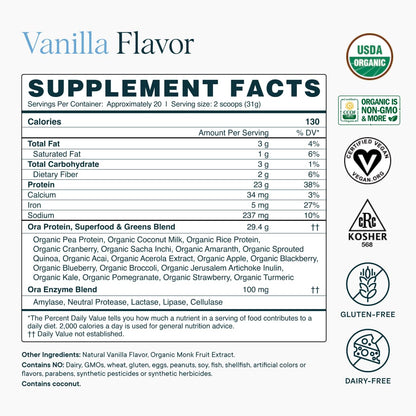 Ora Organic Plant-Based Protein Powder - 23g Protein for Women and Men - Vanilla Flavor 20 Servings, Vegan, Clean Protein - Maple Wellness Supplements