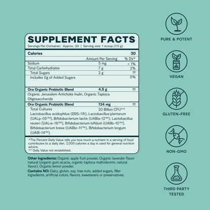 Ora Organic Prebiotic and Probiotic Powder Supplement - 20 Billion Probiotics, 7 Strains for Best Prebiotic Powder, Non-GMO, Probiotics for Women, Men & Kids - Maple Wellness Supplements