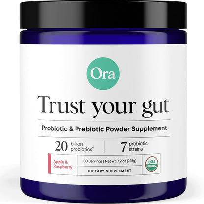 Ora Organic Prebiotic and Probiotic Powder Supplement - 20 Billion Probiotics, 7 Strains for Best Prebiotic Powder, Non-GMO, Probiotics for Women, Men & Kids - Apple Raspberry Flavor, 30 Servings… - Maple Wellness Supplements