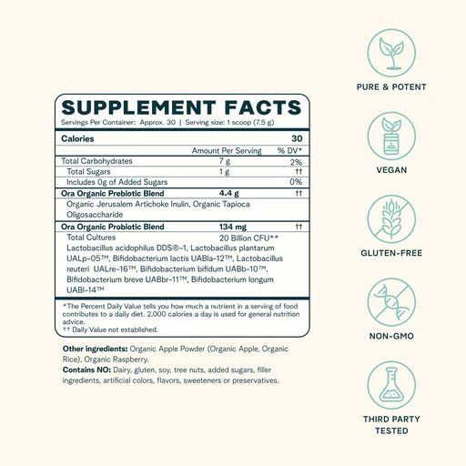 Ora Organic Prebiotic and Probiotic Powder Supplement - 20 Billion Probiotics, 7 Strains for Best Prebiotic Powder, Non-GMO, Probiotics for Women, Men & Kids - Apple Raspberry Flavor, 30 Servings… - Maple Wellness Supplements