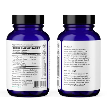 Ora Organic Turmeric Curcumin with Piperine - Pure Extracts for Joint Stress and Cardiovascular Health, Support Healthy Cognitive Function, No Filler Ingredients - 90 Vegan Tablets, 1 Month Supply - Maple Wellness Supplements