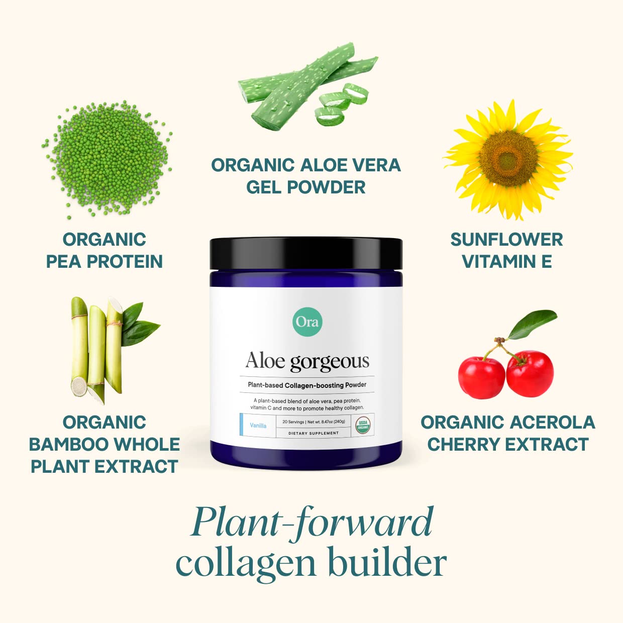 Ora Organic Vegan Collagen-Boosting Powder for Women and Men - Hair, Skin, & Nails Support - Bamboo Silica, Plant-Based Protein, Organic Vitamin C, Aloe Vera - Vanilla Flavor, 20 Servings - Maple Wellness Supplements
