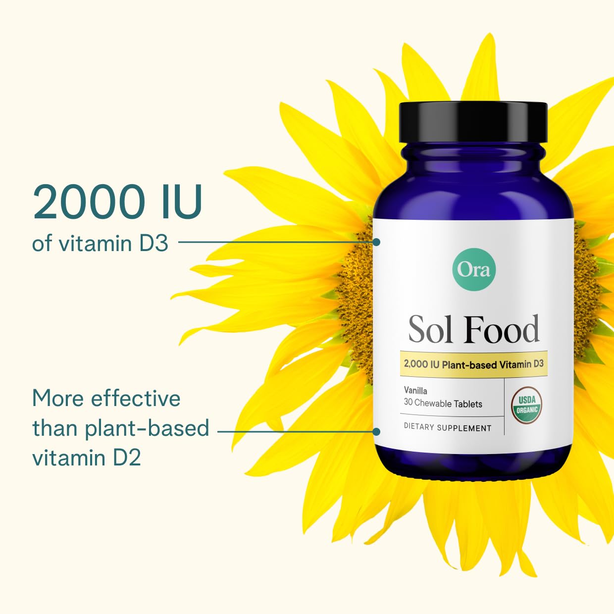Ora Organic Vitamin D3 2000IU - Vegan Vitamin D Chewables from Lichen for Bone Health, Immune Support, & Mood | Maximum Absorption - 1 Month Supply, 30 Vegan Chewable Vanilla Tablets - Maple Wellness Supplements