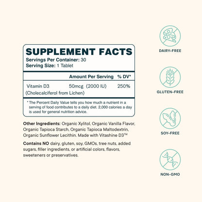 Ora Organic Vitamin D3 2000IU - Vegan Vitamin D Chewables from Lichen for Bone Health, Immune Support, & Mood | Maximum Absorption - 1 Month Supply, 30 Vegan Chewable Vanilla Tablets - Maple Wellness Supplements