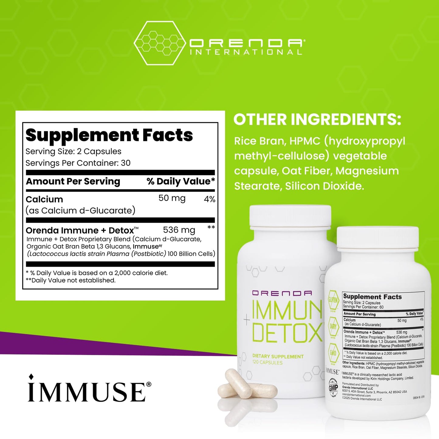 Orenda Immune + Detox - Specialized Formula with Calcium d-Glucarate, Beta 1,3 Glucans & IMMUSE® for Wellness and Balance - 120 Capsules - Maple Wellness Supplements