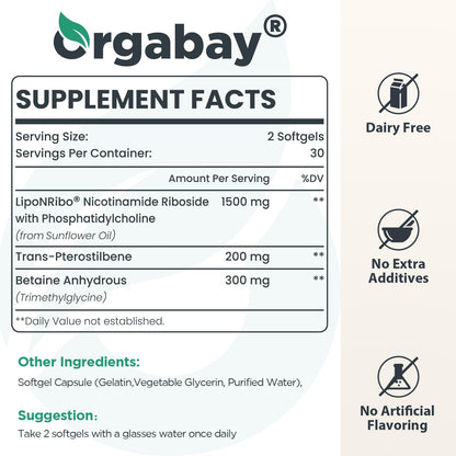 Orgabay Liposomal NAD+ Supplement 500 mg, High Absorption, Boost NAD+ with TMG 250 mg, Actual NAD Plus More Efficient Than Nicotinamide Riboside, Support Cellular Energy, Healthy Aging | 60 Softgels - Maple Wellness Supplements
