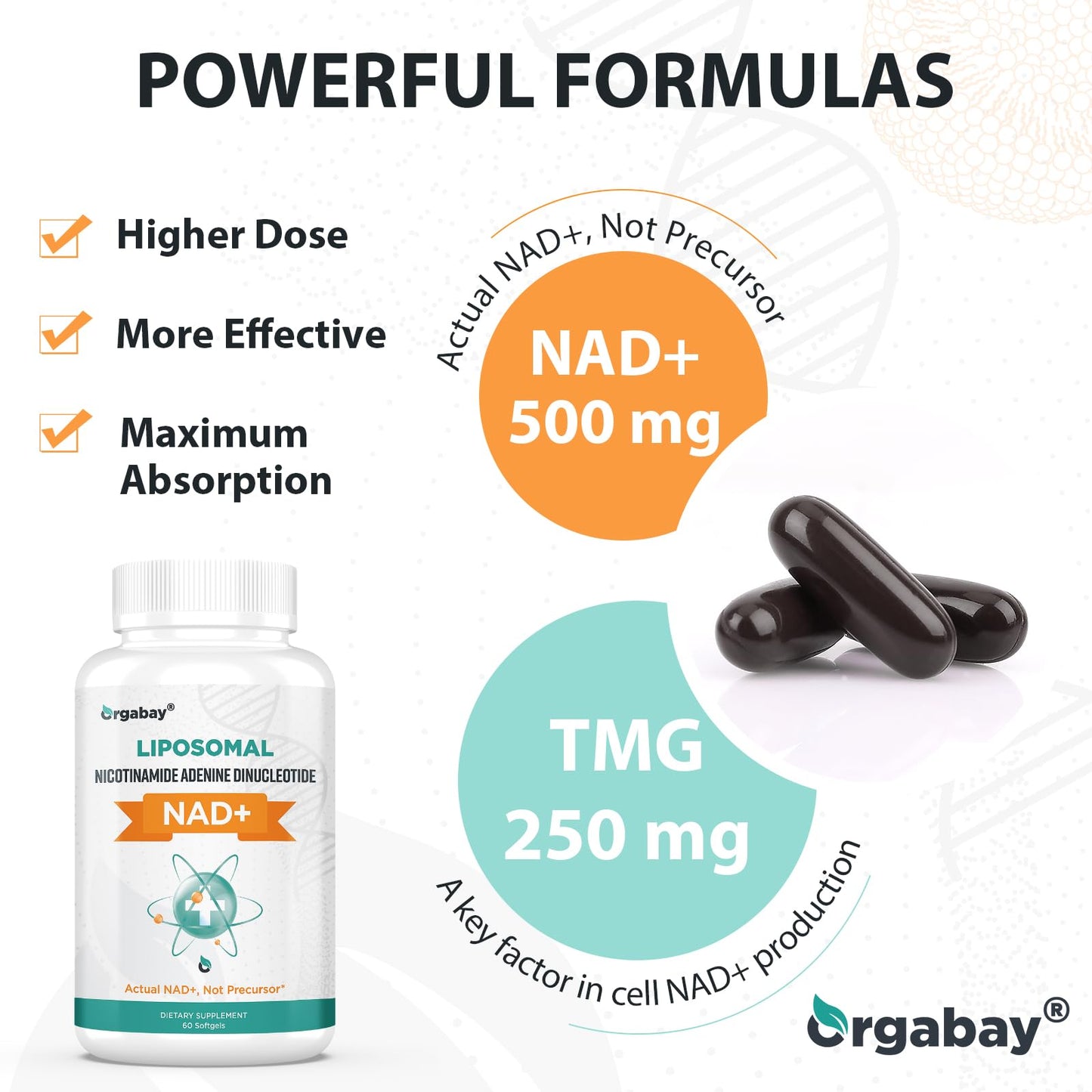 Orgabay Liposomal NAD+ Supplement 500 mg, High Absorption, Boost NAD+ with TMG 250 mg, Actual NAD Plus More Efficient Than Nicotinamide Riboside, Support Cellular Energy, Healthy Aging | 180 Softgels - Maple Wellness Supplements