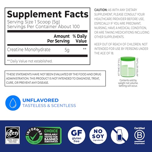 Orgain Creatine Monohydrate Micronized Powder, 100 Servings, Unflavored, Supports Muscle Growth, Post Workout Recovery and Brain Health, No Artificial Additives - Maple Wellness Supplements