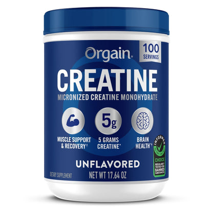 Orgain Creatine Monohydrate Micronized Powder, 100 Servings, Unflavored, Supports Muscle Growth, Post Workout Recovery and Brain Health, No Artificial Additives - Maple Wellness Supplements