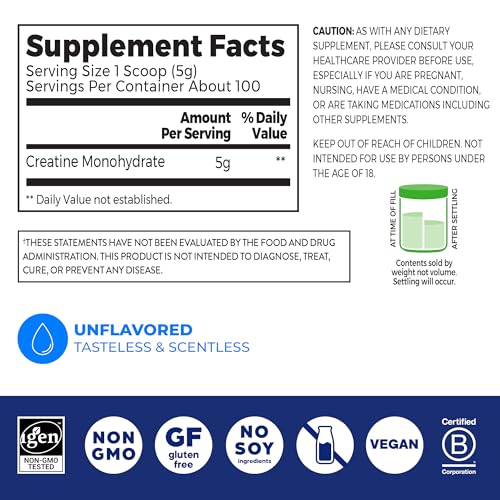 Orgain Creatine Monohydrate Micronized Powder, 100 Servings, Unflavored, Supports Muscle Growth, Post Workout Recovery and Brain Health, No Artificial Additives, for Men & Women, Vegan - Maple Wellness Supplements