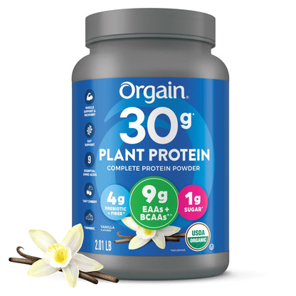 Orgain Organic 30g Vegan Plant Protein Powder, Vanilla, 9g EAAs + BCAAs, High Plant Protein, 4g Prebiotic + Fiber, 1g Sugar, Pre-Workout, Muscle Support + Recovery - 2.01lb (Packaging May Vary) - Maple Wellness Supplements