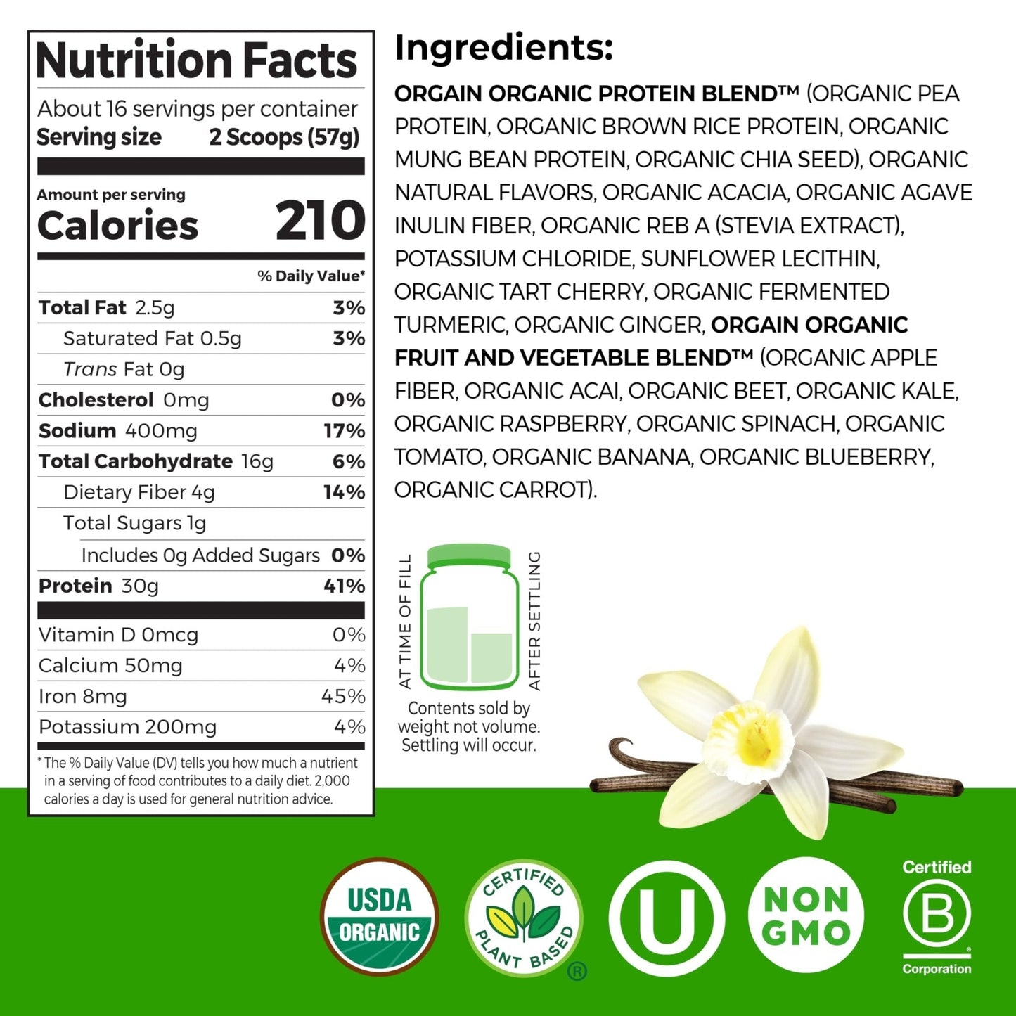 Orgain Organic 30g Vegan Plant Protein Powder, Vanilla, 9g EAAs + BCAAs, High Plant Protein, 4g Prebiotic + Fiber, 1g Sugar, Pre-Workout, Muscle Support + Recovery - 2.01lb (Packaging May Vary) - Maple Wellness Supplements