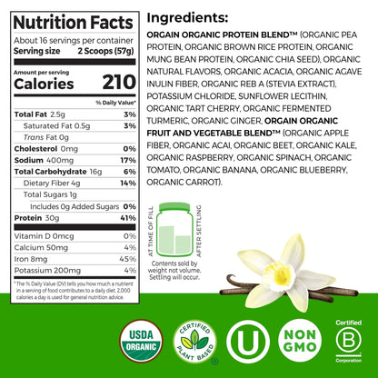Orgain Organic 30g Vegan Plant Protein Powder, Vanilla, 9g EAAs + BCAAs, High Plant Protein, 4g Prebiotic + Fiber, 1g Sugar, Pre-Workout, Muscle Support + Recovery - 2.01lb (Packaging May Vary) - Maple Wellness Supplements