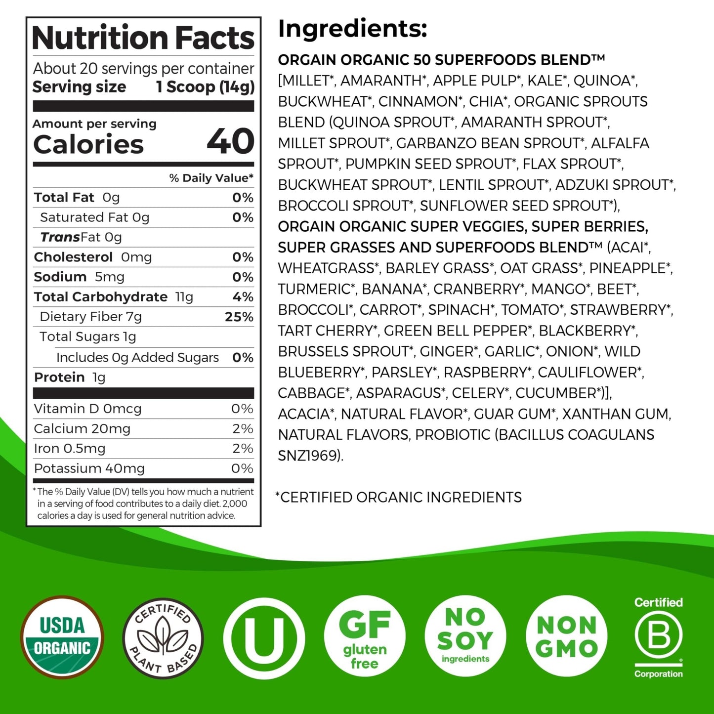 Orgain Organic Greens Powder + 50 Superfoods, Original - 1 Billion Probiotics for Digestive Health, Antioxidants, Vegan, Plant-Based, Gluten-Free, Non-GMO - Maple Wellness Supplements