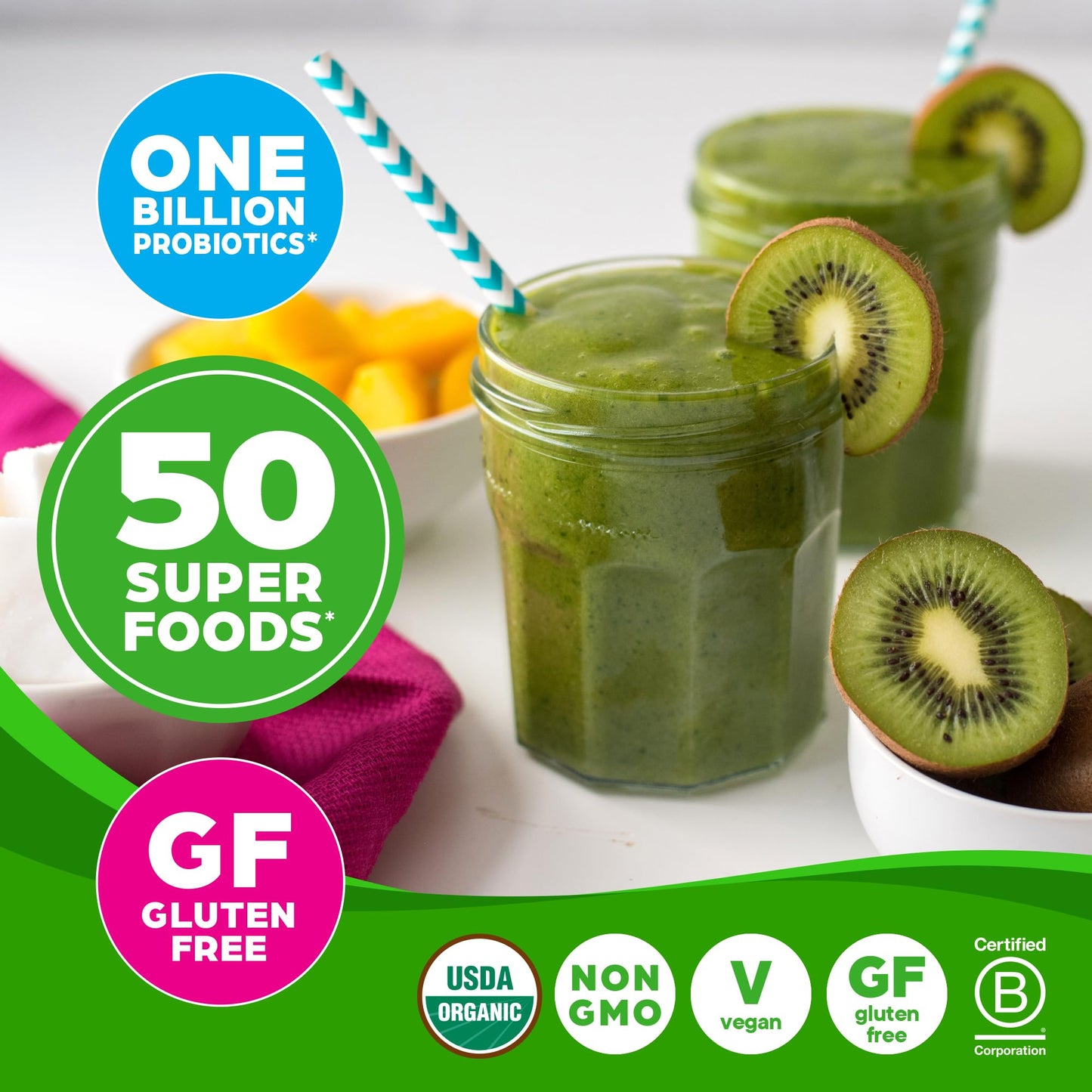 Orgain Organic Greens Powder + 50 Superfoods, Original - 1 Billion Probiotics for Digestive Health, Antioxidants, Vegan, Plant-Based, Gluten-Free, Non-GMO - Maple Wellness Supplements