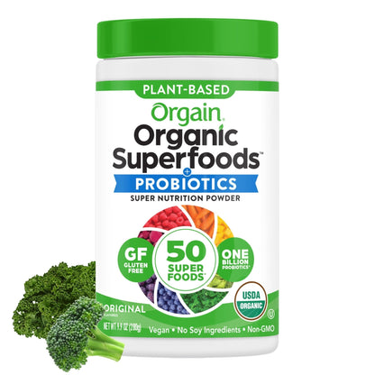 Orgain Organic Greens Powder + 50 Superfoods, Original - 1 Billion Probiotics for Digestive Health, Antioxidants, Vegan, Plant-Based, Gluten-Free, Non-GMO - Maple Wellness Supplements