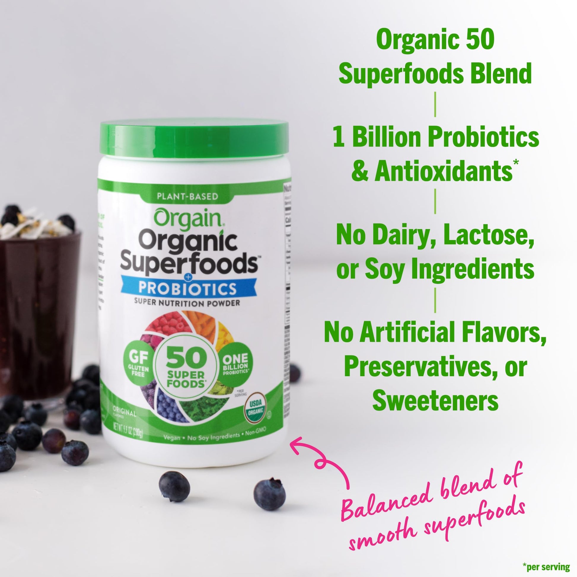 Orgain Organic Greens Powder + 50 Superfoods, Original - 1 Billion Probiotics for Digestive Health, Antioxidants, Vegan, Plant-Based, Gluten-Free, Non-GMO - Maple Wellness Supplements