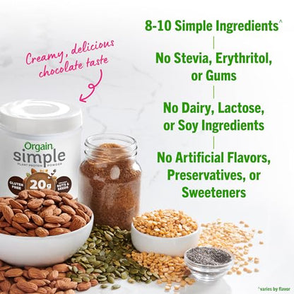 Orgain Organic Simple Vegan Protein Powder, Chocolate - 20g Plant Based Protein - Maple Wellness Supplements