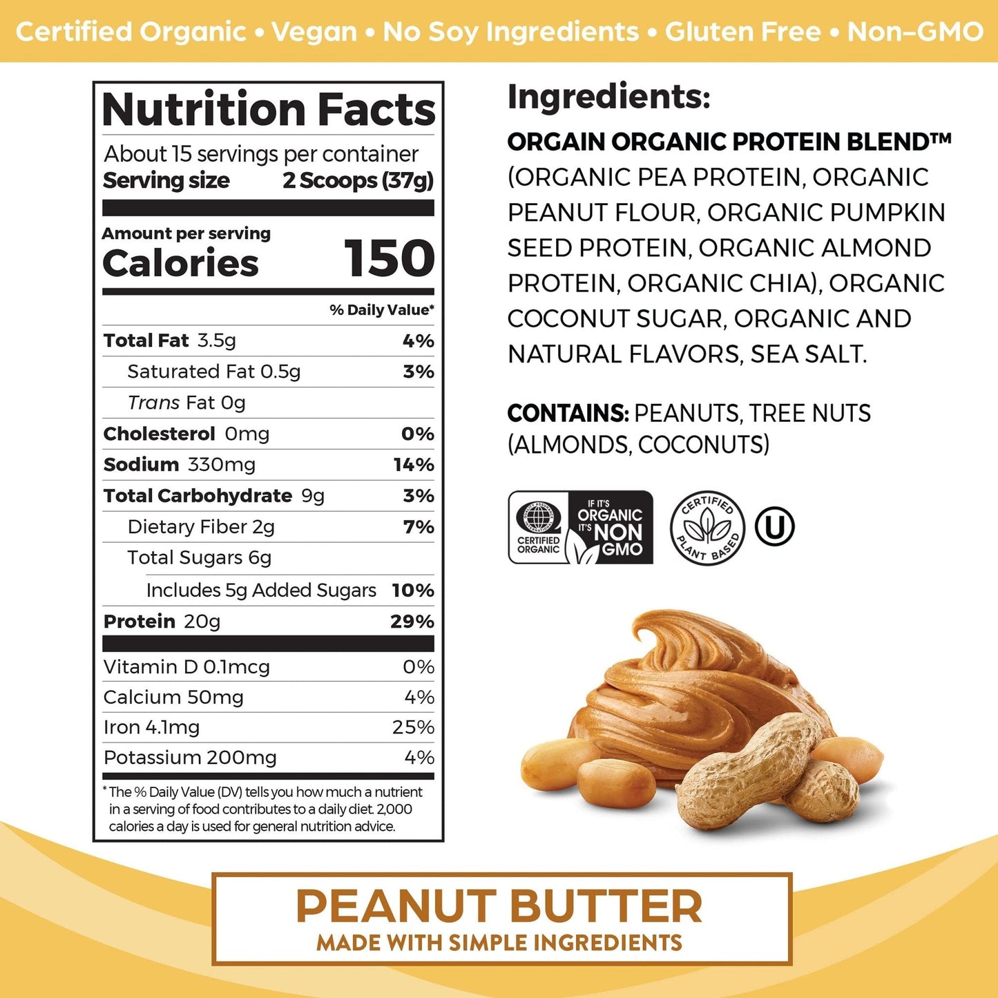 Orgain Organic Simple Vegan Protein Powder, Peanut Butter - 20g Plant Based Protein - Maple Wellness Supplements