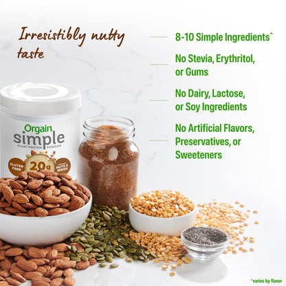 Orgain Organic Simple Vegan Protein Powder, Peanut Butter - 20g Plant Based Protein, With less Ingredients, No Artificial Sweeteners, Gluten Free, No Dairy or Lactose, 1.25 lb (Packaging May Vary) - Maple Wellness Supplements