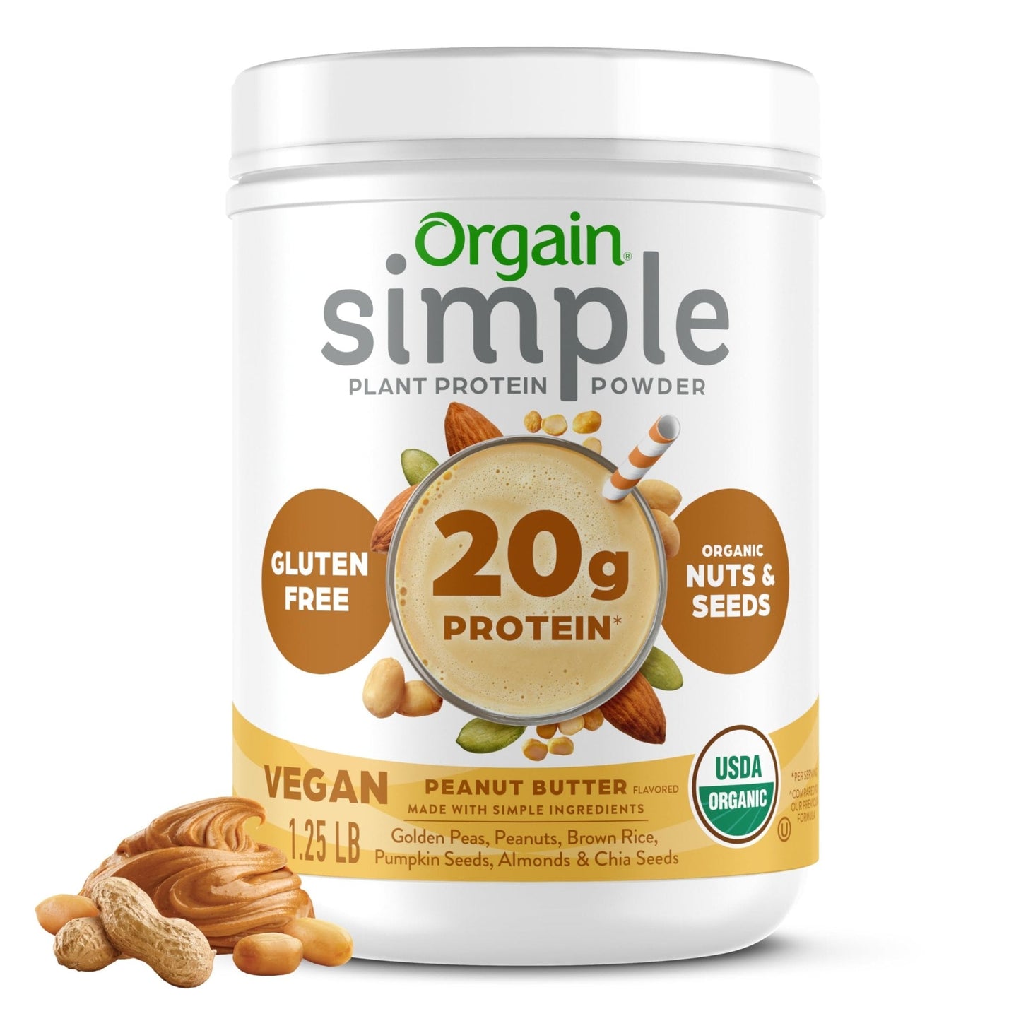 Orgain Organic Simple Vegan Protein Powder, Peanut Butter - 20g Plant Based Protein, With less Ingredients, No Artificial Sweeteners, Gluten Free, No Dairy or Lactose, 1.25 lb (Packaging May Vary) - Maple Wellness Supplements