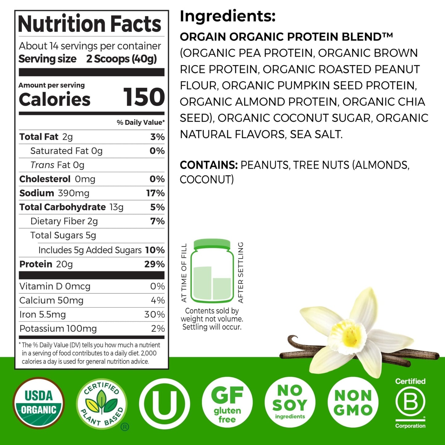 Orgain Organic Simple Vegan Protein Powder, Vanilla - 20g Plant Based Protein, Made with less Ingredients, No Artificial Sweeteners, Gluten Free, No Dairy or Lactose, 1.25 lb (Packaging May Vary) - Maple Wellness Supplements