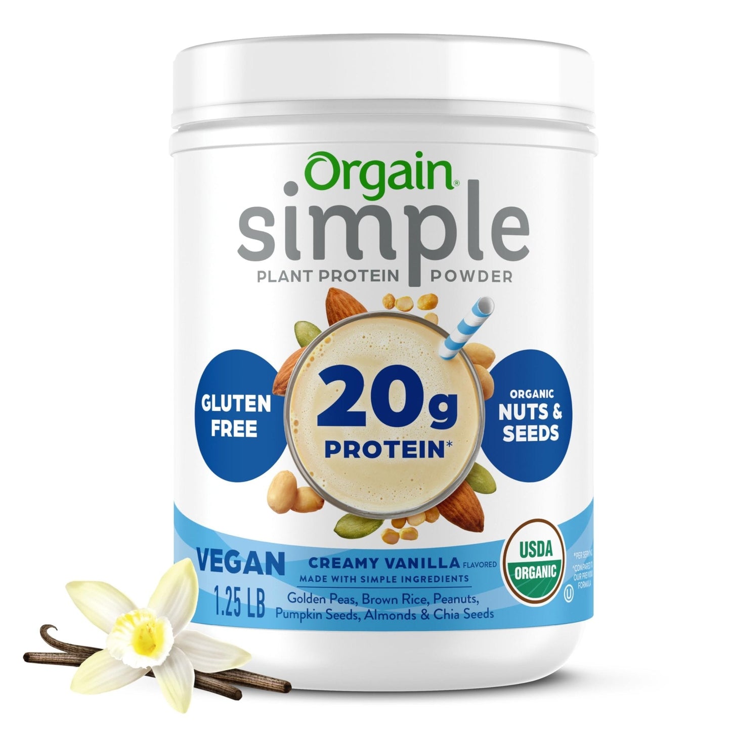 Orgain Organic Simple Vegan Protein Powder, Vanilla - 20g Plant Based Protein, Made with less Ingredients, No Artificial Sweeteners, Gluten Free, No Dairy or Lactose, 1.25 lb (Packaging May Vary) - Maple Wellness Supplements