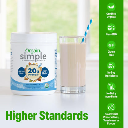 Orgain Organic Simple Vegan Protein Powder, Vanilla - 20g Plant Based Protein, Made with less Ingredients, No Artificial Sweeteners, Gluten Free, No Dairy or Lactose, 1.25 lb (Packaging May Vary) - Maple Wellness Supplements