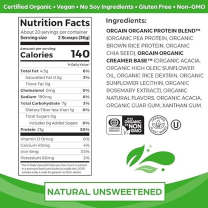 Orgain Organic Unflavored Vegan Protein Powder, Natural Unsweetened - 21g Plant Based - Maple Wellness Supplements