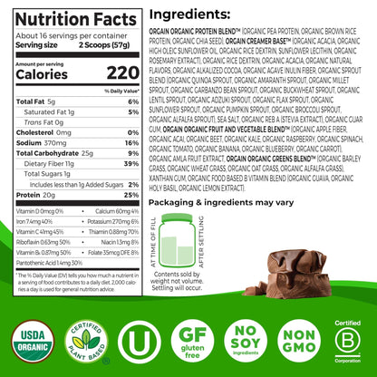 Orgain Organic Vegan Meal Replacement Protein Powder, Creamy Chocolate Fudge - 20g Plant Based Protein, Gluten Free, Dairy Free, Lactose Free, Soy Free, No Sugar Added, - Maple Wellness Supplements