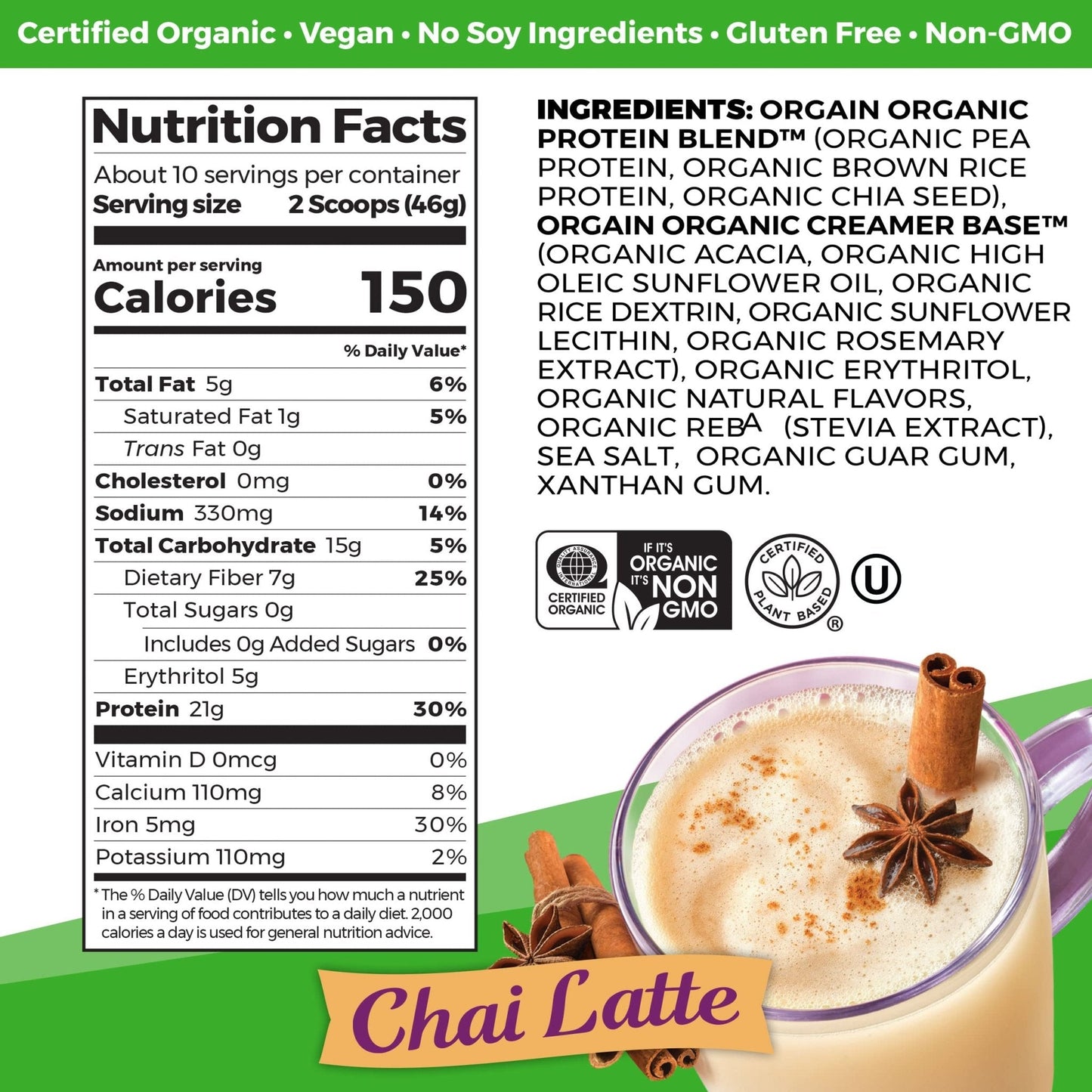 Orgain Organic Vegan Protein Powder, Chai Latte - 21g Plant Based Protein, Gluten Free - Maple Wellness Supplements