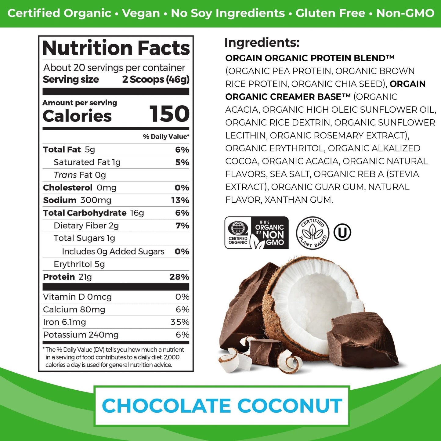 Orgain Organic Vegan Protein Powder, Chocolate Coconut - 21g of Plant Based Protein - Maple Wellness Supplements