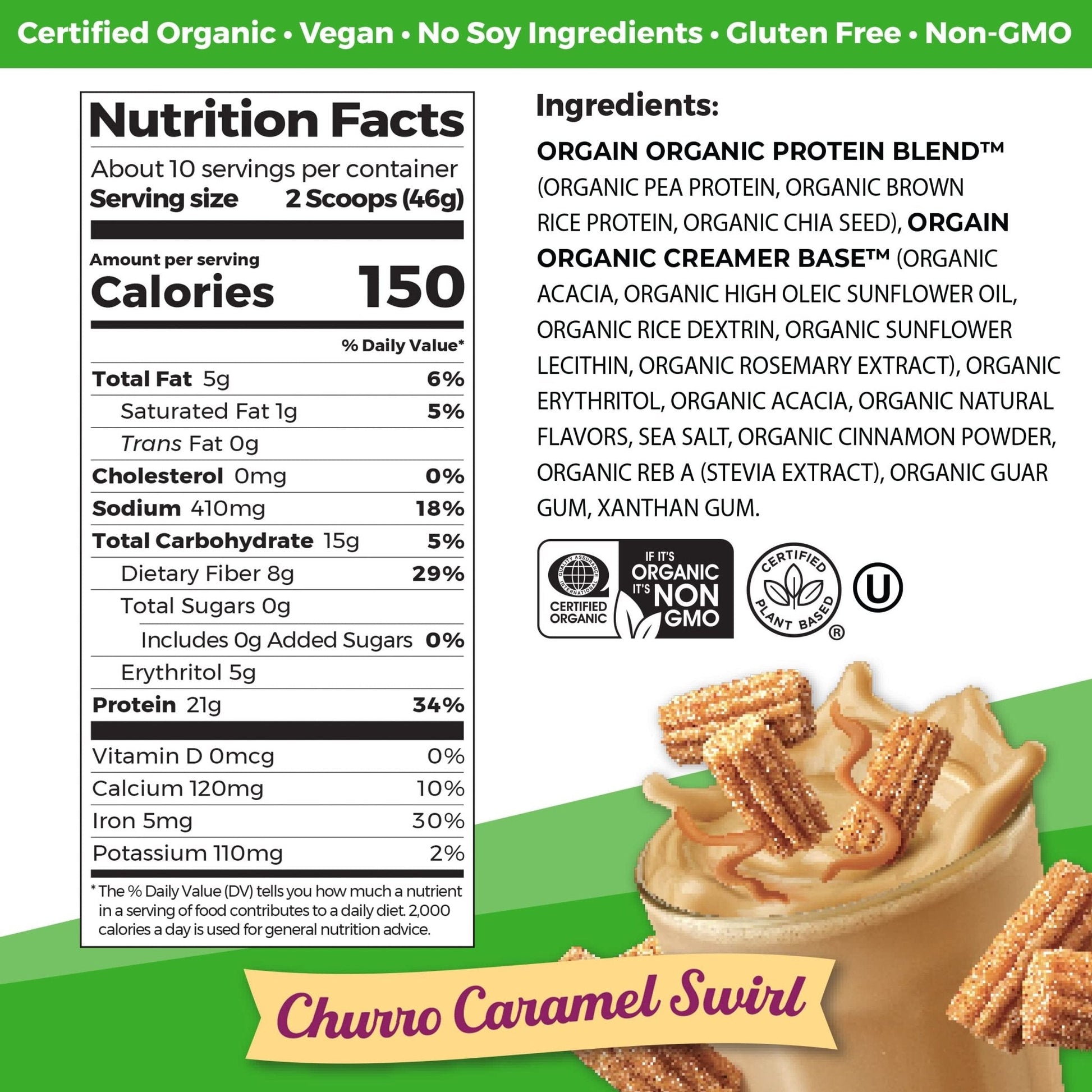 Orgain Organic Vegan Protein Powder, Churro Caramel Swirl - 21g Plant Based Protein - Maple Wellness Supplements