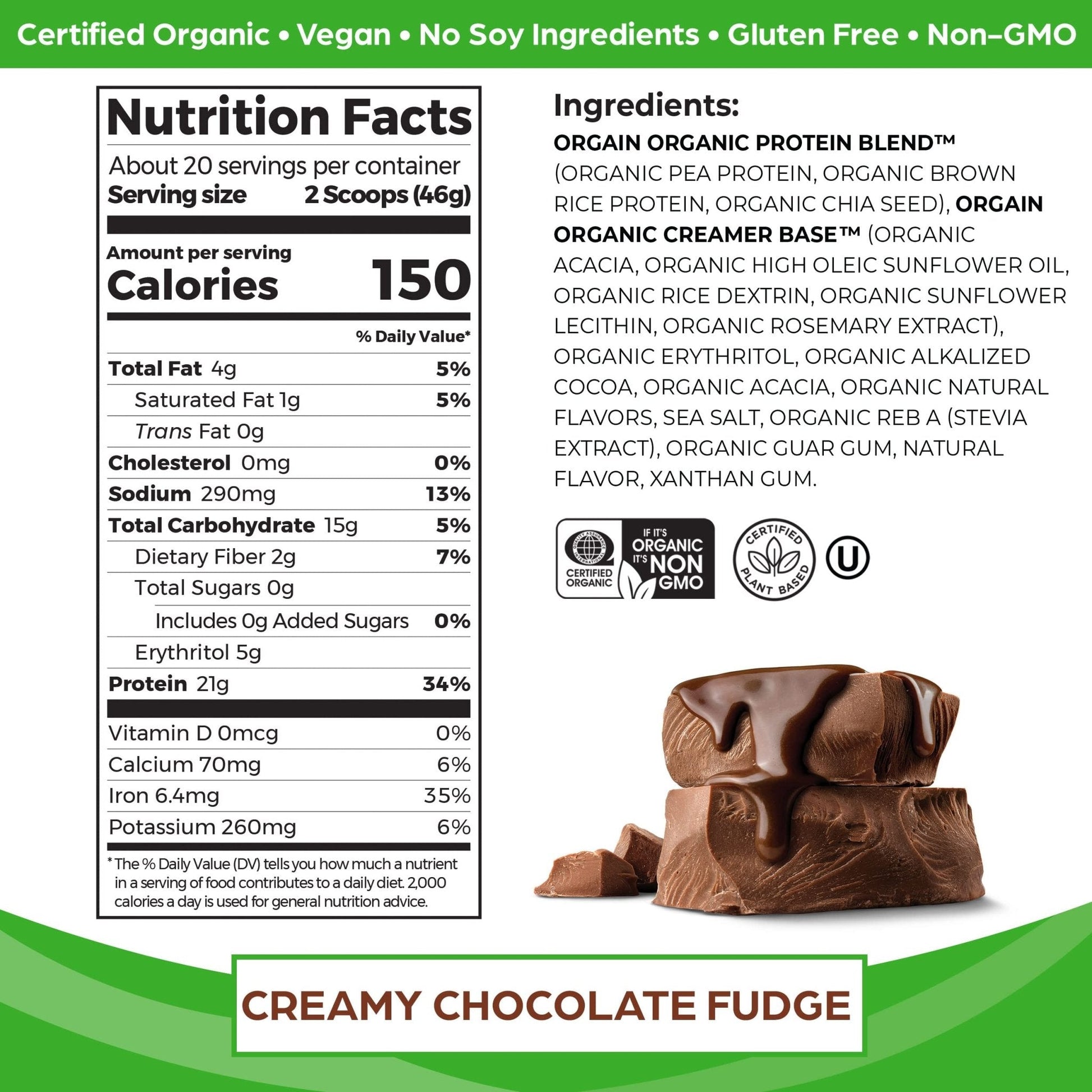 Orgain Organic Vegan Protein Powder, Creamy Chocolate Fudge - 21g Plant Based Protein - Maple Wellness Supplements