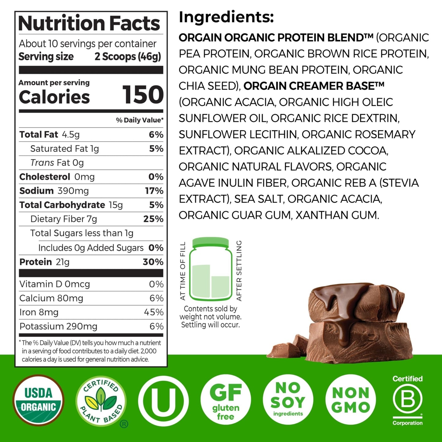 Orgain Organic Vegan Protein Powder, Creamy Chocolate Fudge - 21g Plant Protein, 7g Prebiotic Fiber, Low Net Carb, No Lactose Ingredients, No Added Sugar - Maple Wellness Supplements
