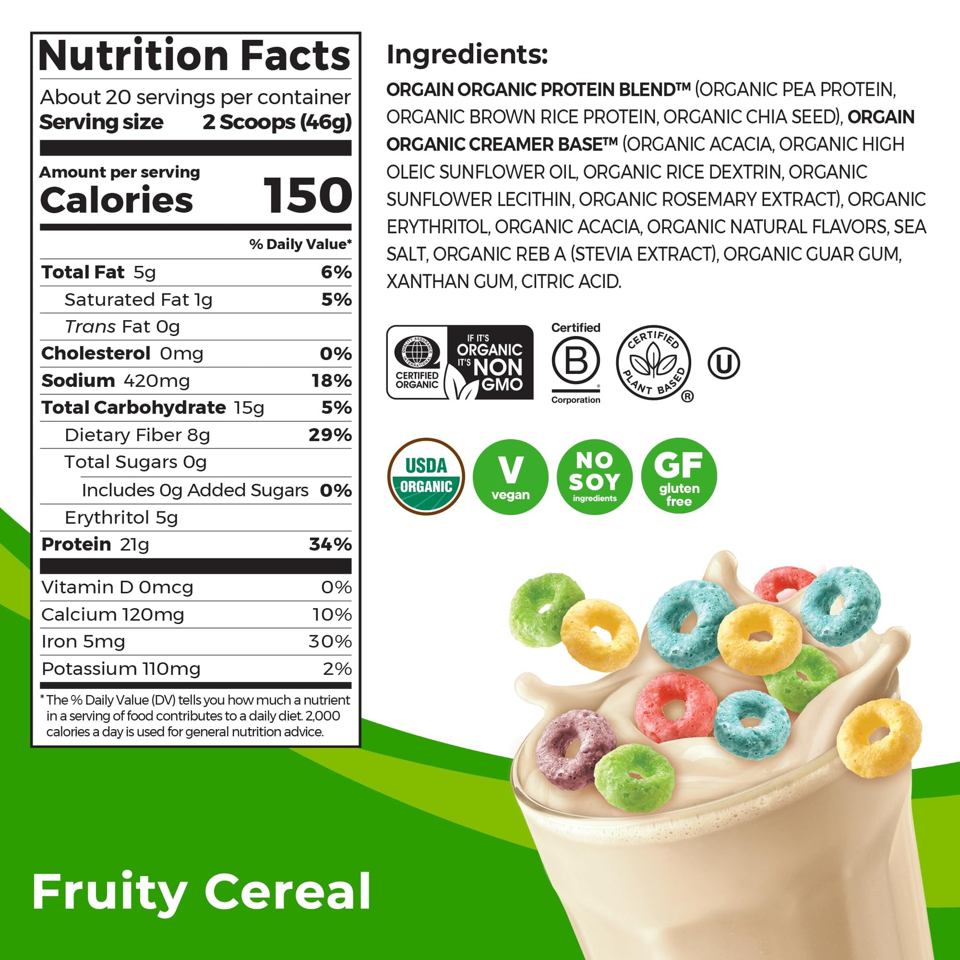 Orgain Organic Vegan Protein Powder, Fruity Cereal - 21g Plant Based Protein, Gluten Free - Maple Wellness Supplements