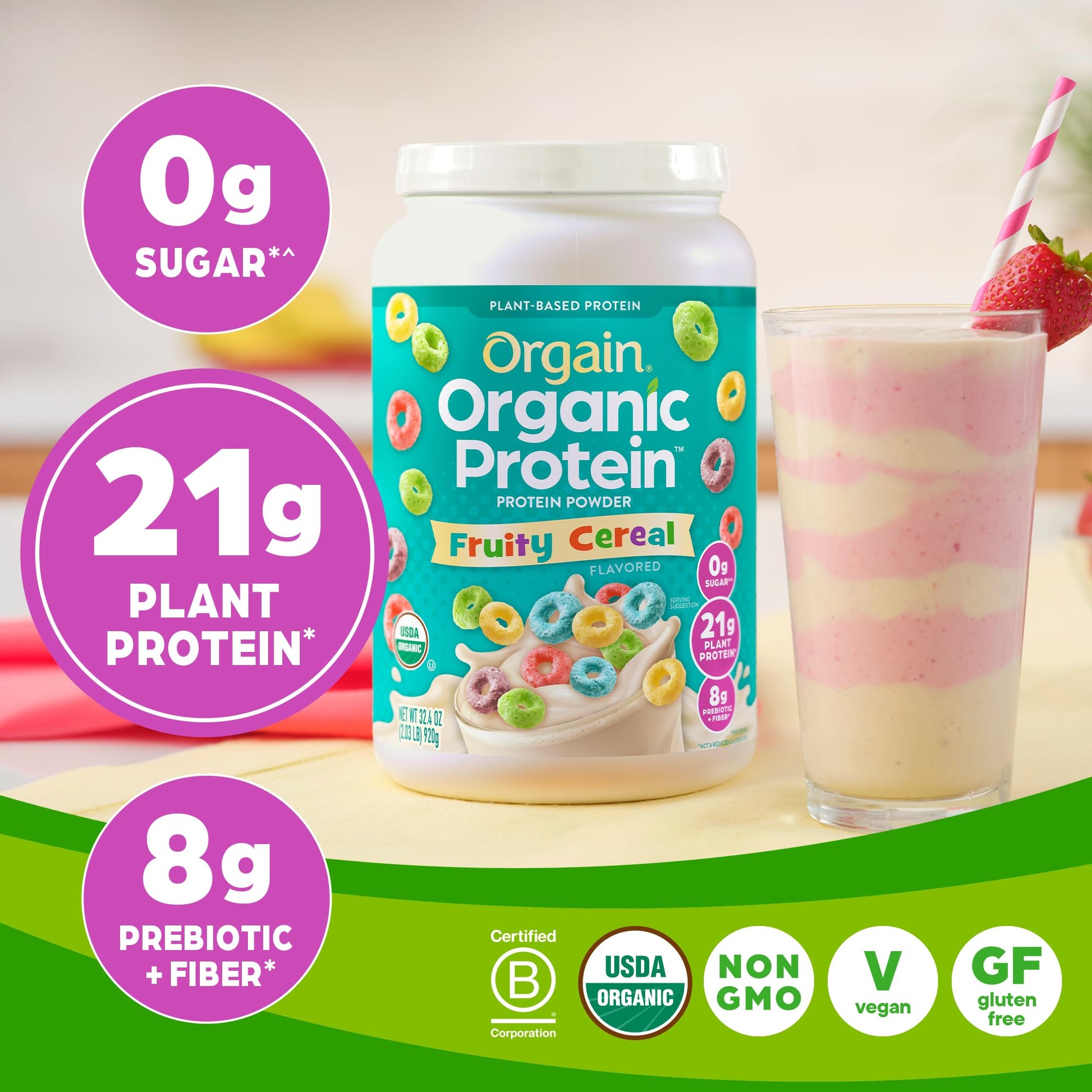 Orgain Organic Vegan Protein Powder, Fruity Cereal - 21g Plant Based Protein, Gluten Free - Maple Wellness Supplements