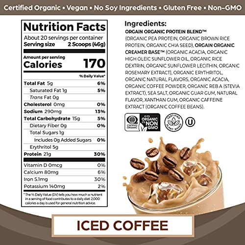 Orgain Organic Vegan Protein Powder, Iced Coffee - 21g Plant Based Protein, Gluten Free - Maple Wellness Supplements