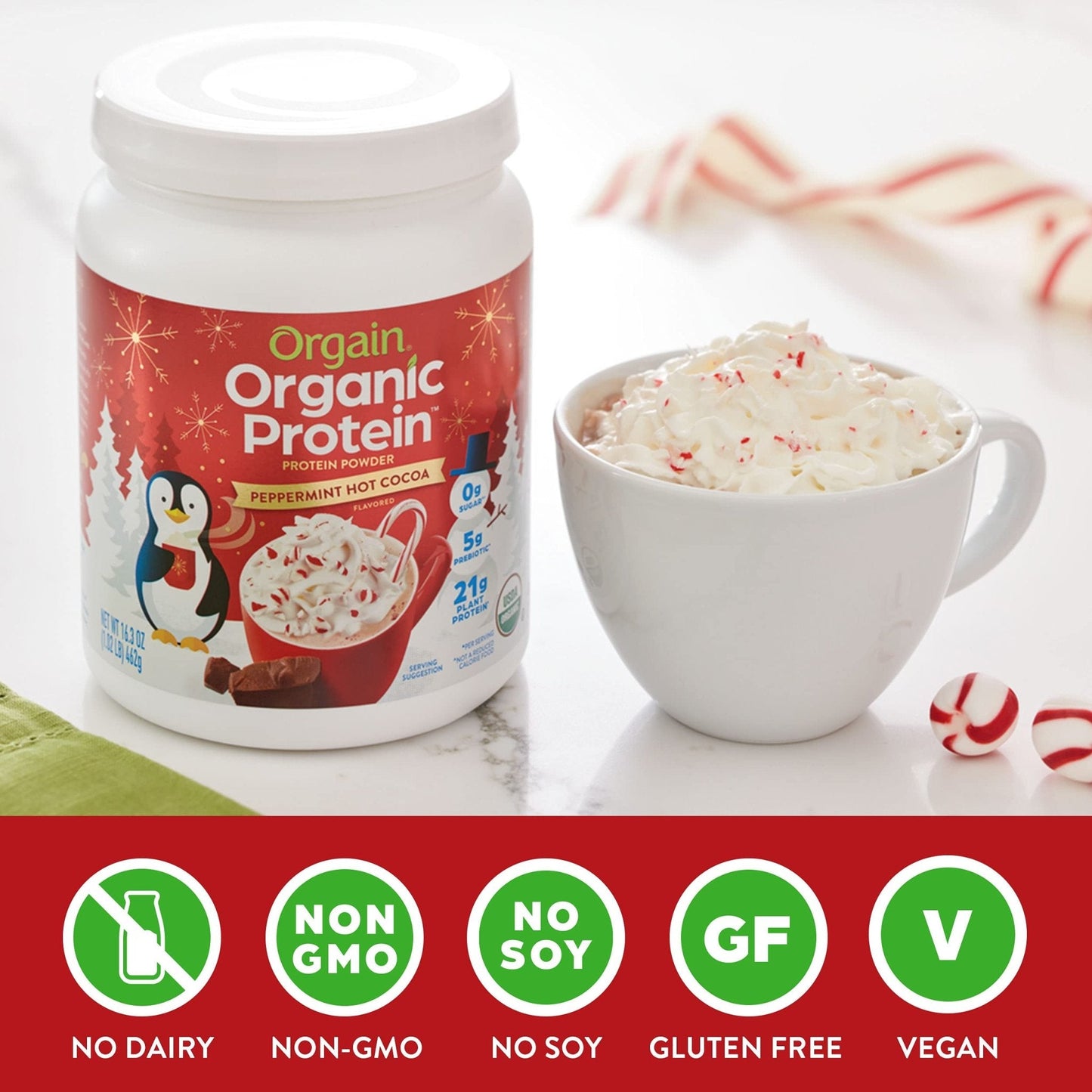 Orgain Organic Vegan Protein Powder, Peppermint Hot Cocoa Seasonal Holiday Flavor - Maple Wellness Supplements