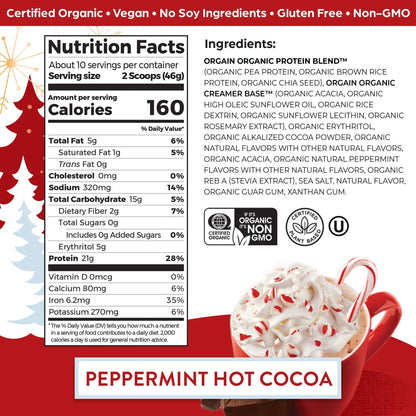 Orgain Organic Vegan Protein Powder, Peppermint Hot Cocoa Seasonal Holiday Flavor - Maple Wellness Supplements