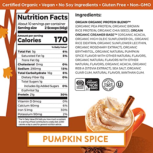 Orgain Organic Vegan Protein Powder, Pumpkin Spice - 21g of Plant Based Protein - Maple Wellness Supplements
