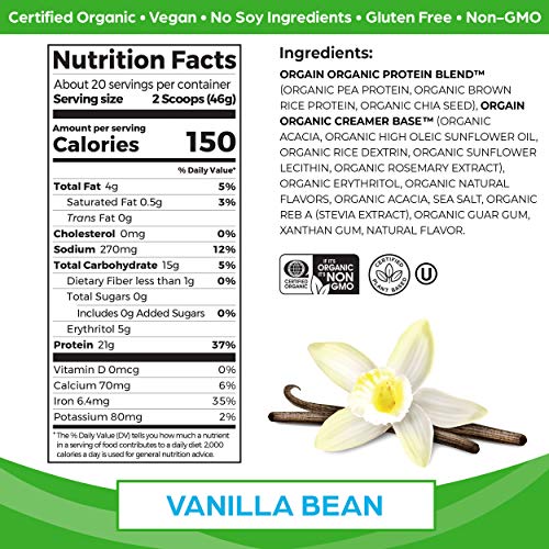 Orgain Organic Vegan Protein Powder, Vanilla Bean - 21g Plant Based Protein, Gluten Free - Maple Wellness Supplements