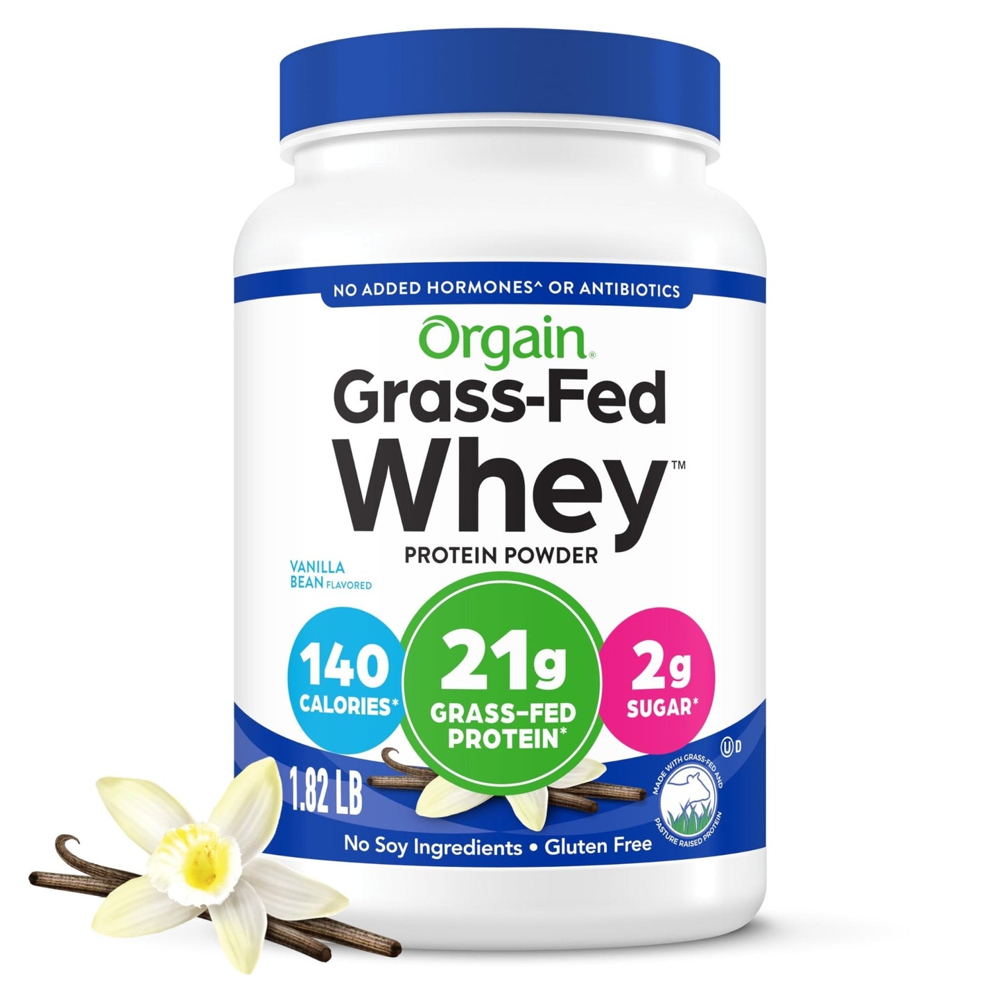 Orgain Whey Protein Powder, Vanilla Bean, 21g Grass Fed Dairy Protein, 5g BCAAs, 3g Prebiotic Fiber, 2g Sugar, No Added Hormones, Gluten Free, Kosher, for Shakes & Smoothies, 1.82 lb - Maple Wellness Supplements