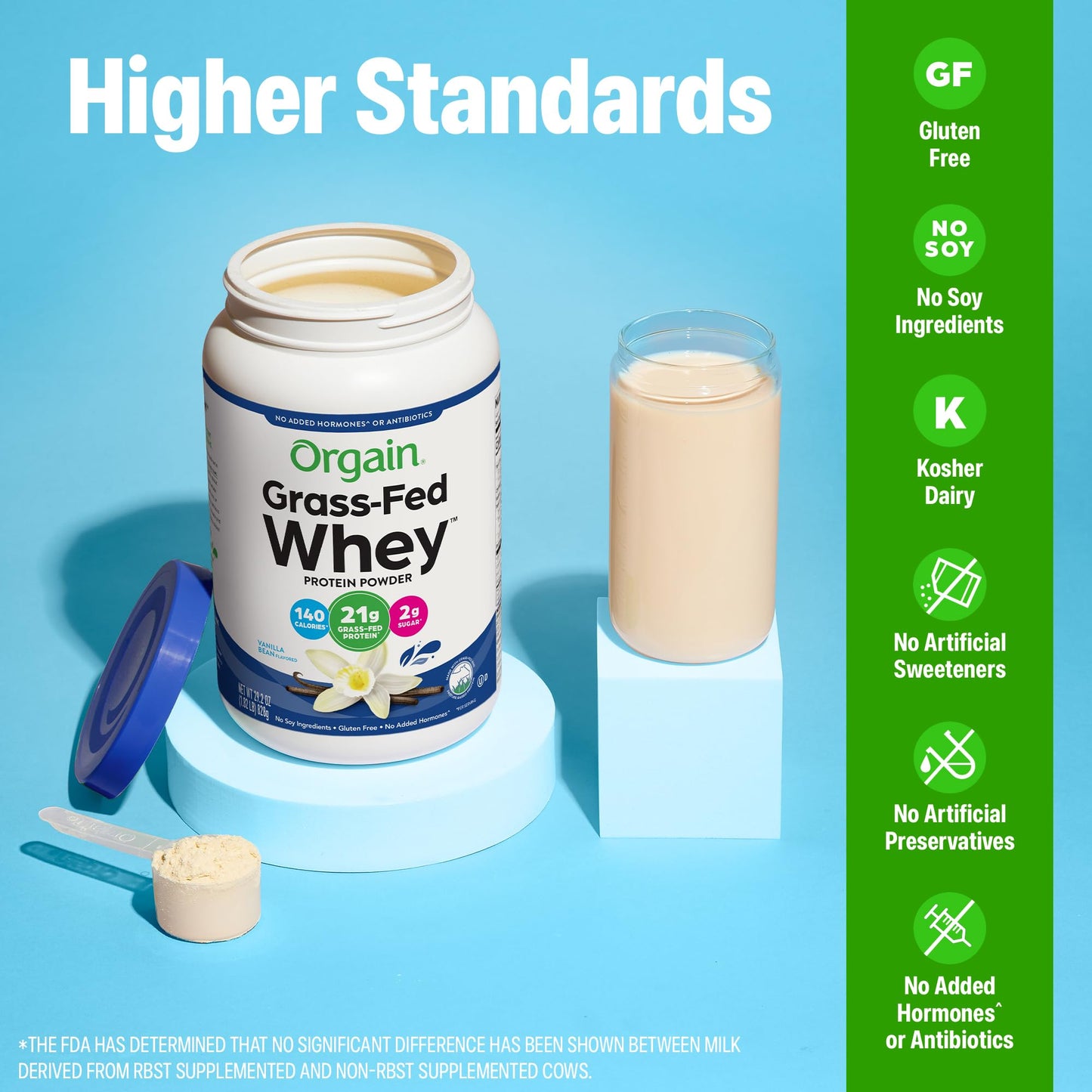 Orgain Whey Protein Powder, Vanilla Bean, 21g Grass Fed Dairy Protein, 5g BCAAs, 3g Prebiotic Fiber, 2g Sugar, No Added Hormones, Gluten Free, Kosher, for Shakes & Smoothies, 1.82 lb - Maple Wellness Supplements