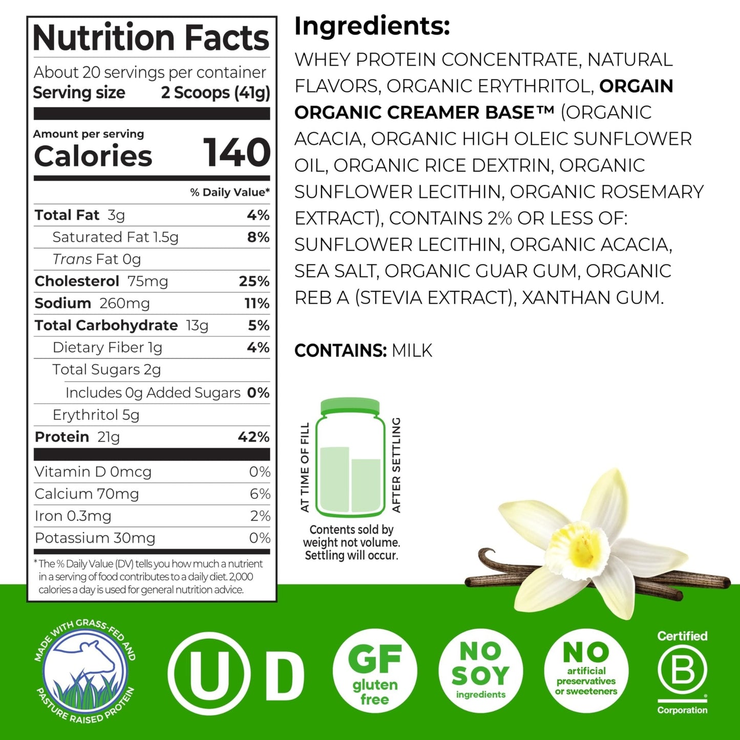 Orgain Whey Protein Powder, Vanilla Bean, 21g Grass Fed Dairy Protein, 5g BCAAs, 3g Prebiotic Fiber, 2g Sugar, No Added Hormones, Gluten Free, Kosher, for Shakes & Smoothies, 1.82 lb - Maple Wellness Supplements