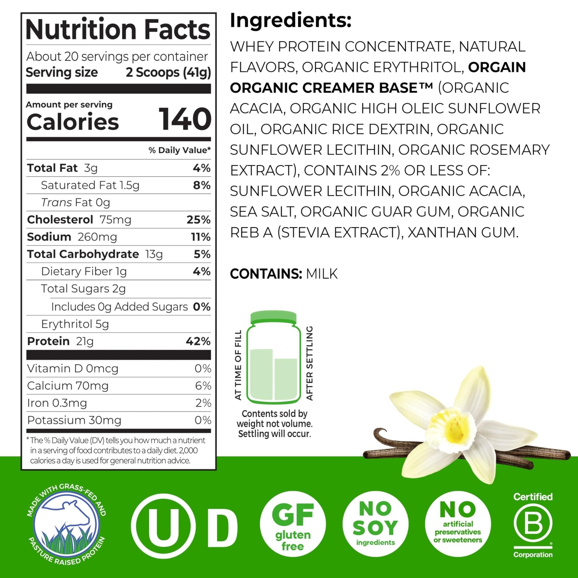 Orgain Whey Protein Powder, Vanilla Bean, 21g Grass Fed Dairy Protein, 5g BCAAs, 3g Prebiotic Fiber, 2g Sugar, No Added Hormones, Gluten Free, Kosher, for Shakes & Smoothies, 1.82 lb - Maple Wellness Supplements