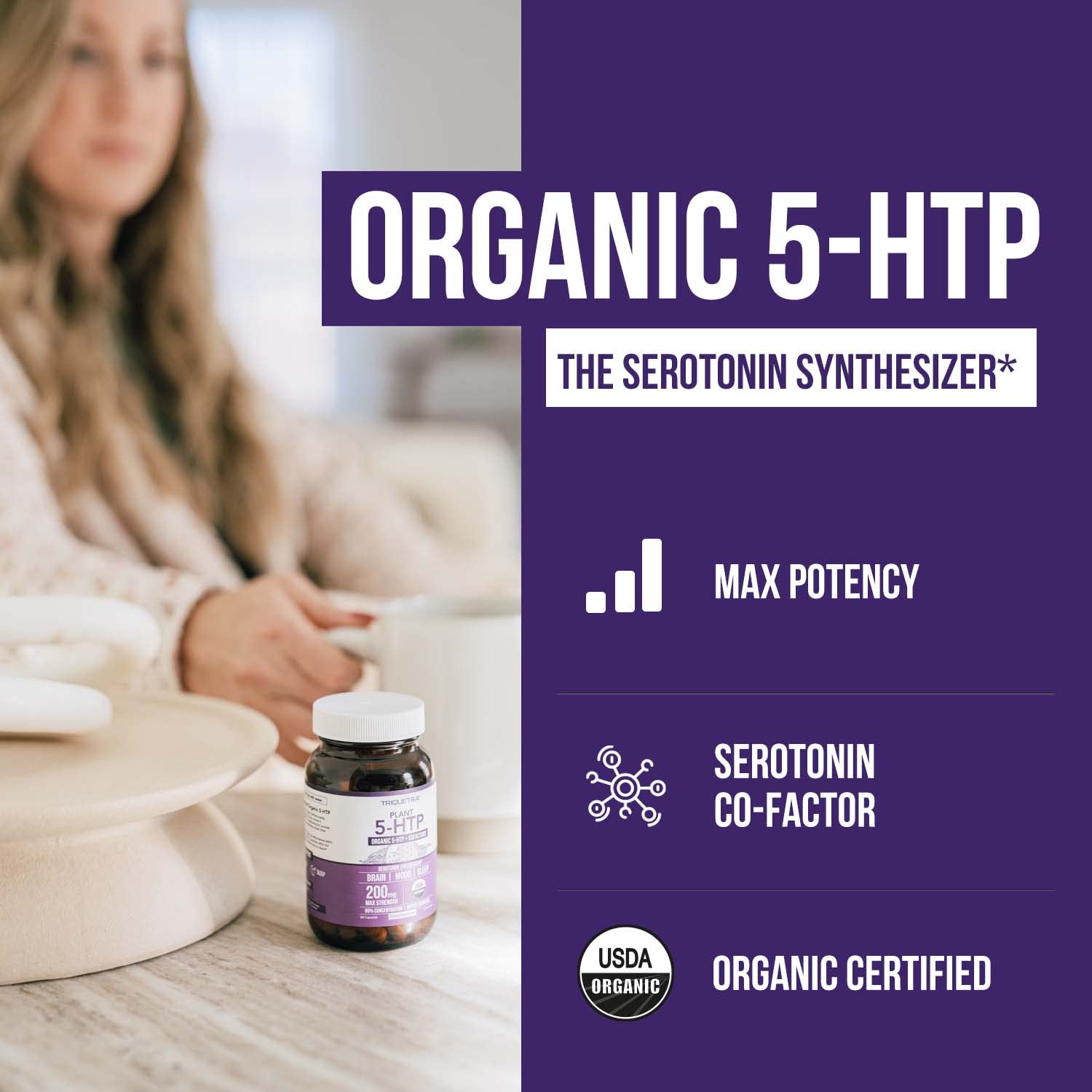 Organic 5-HTP - 200 mg | 99% 5HTP Concentration, Plus Cofactor Vitamin B6 & Lion’s Mane | Water Extracted from Organic Griffonia Seeds | Supports Mood - Maple Wellness Supplements